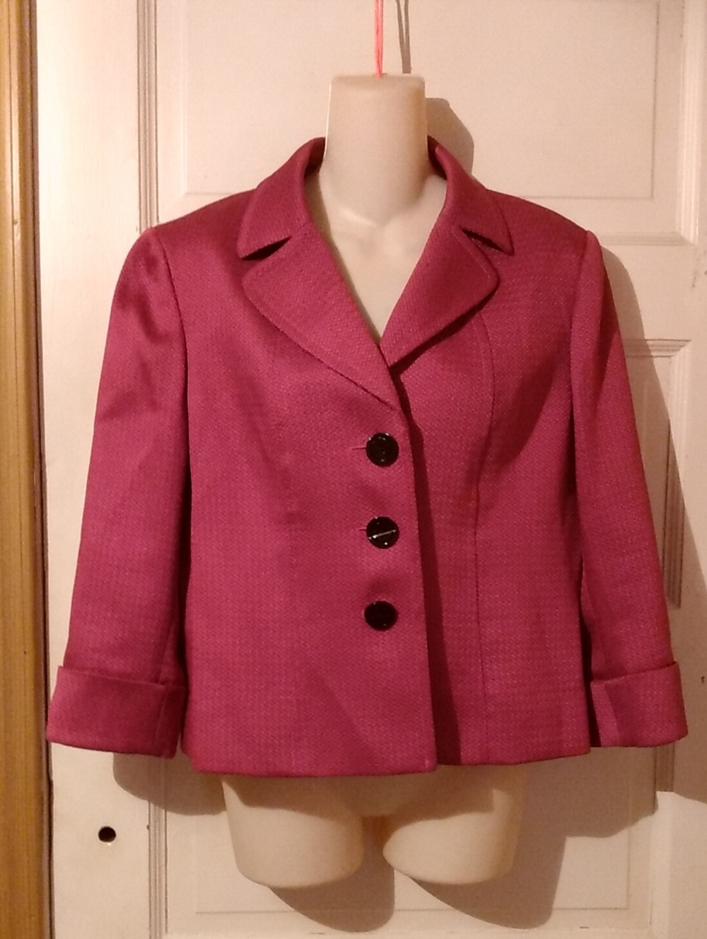 Purple Fuschia Textured Lined Blazer Mobwife Professional Rolled Sleeve Black